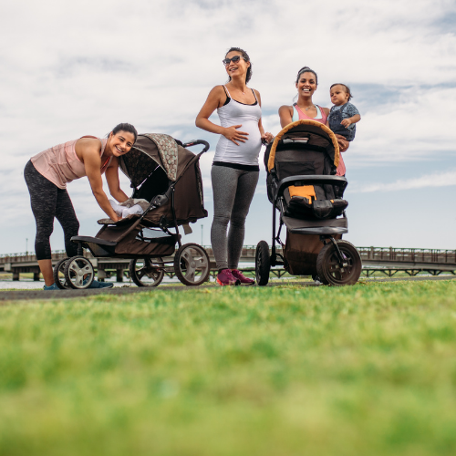 moms with babies outside with strollers